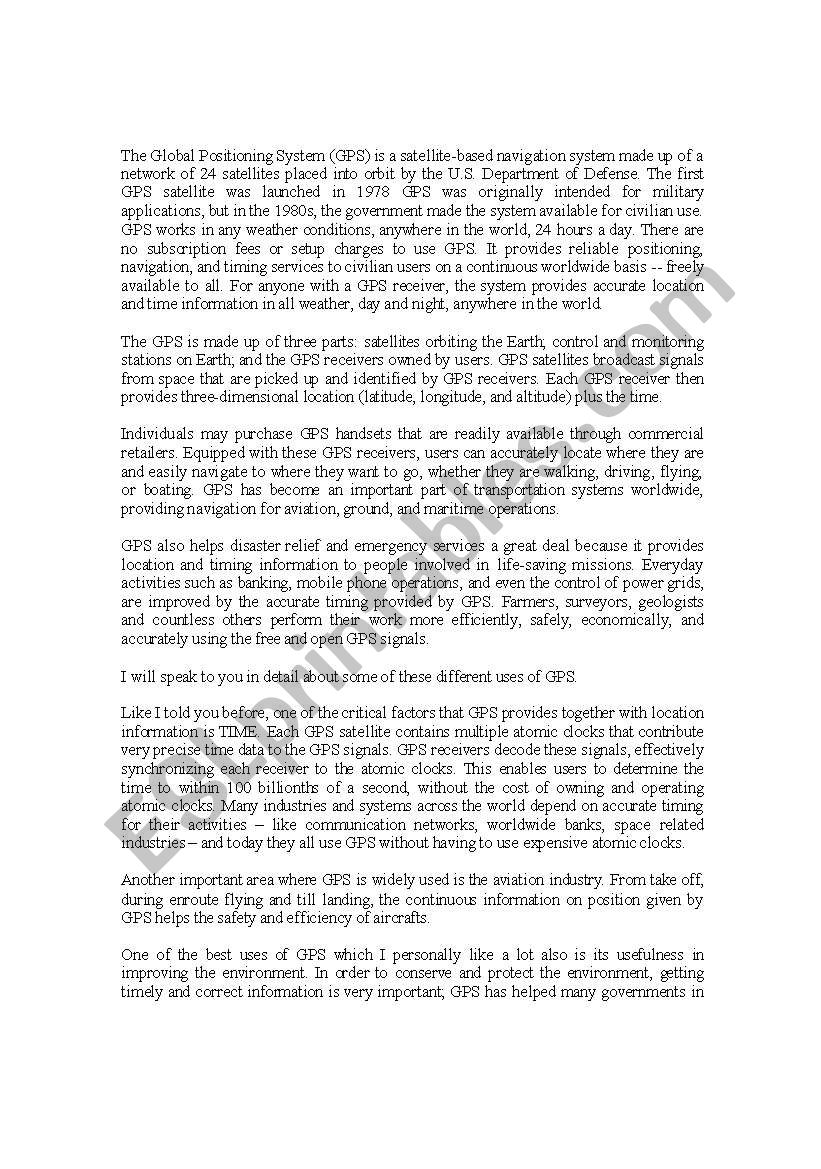 Global Positioning System worksheet