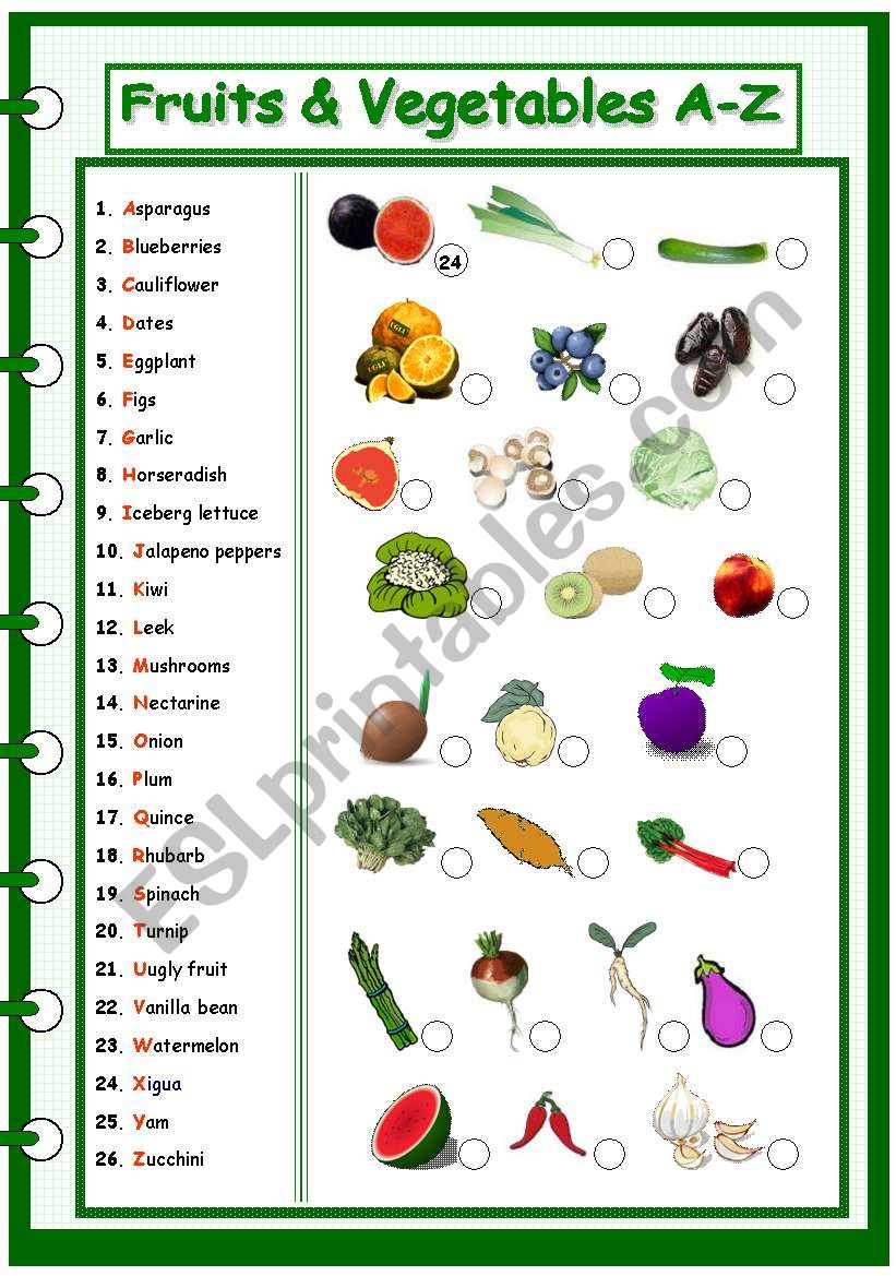 fruits & vegetables a-z worksheet