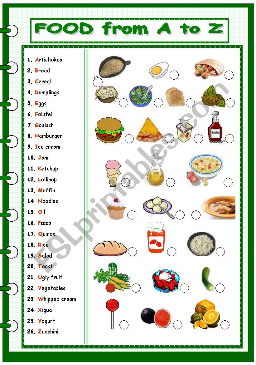 food a-z worksheet