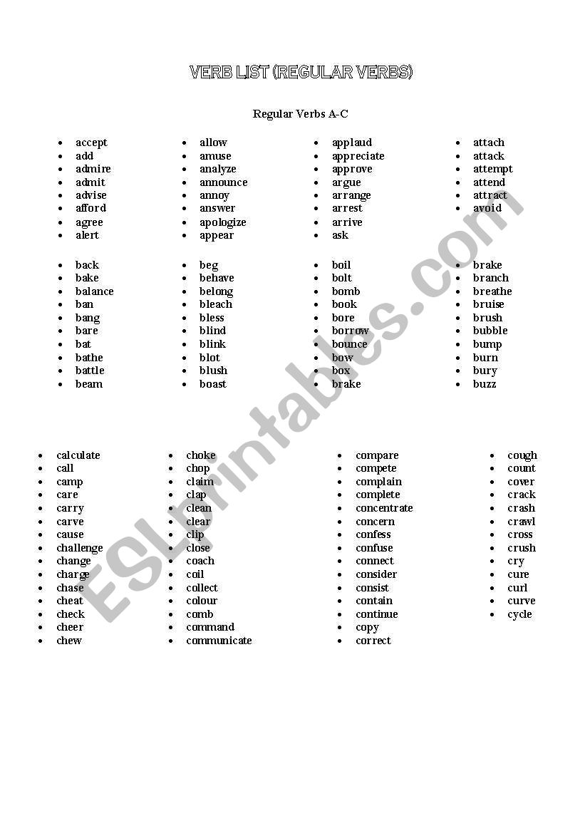 Verb list worksheet