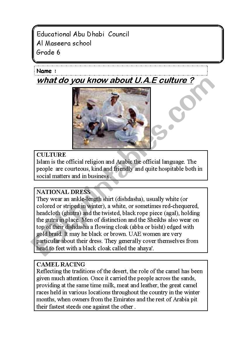 U.A.E culture worksheet