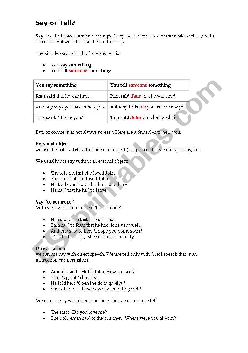 SAY or TELL worksheet