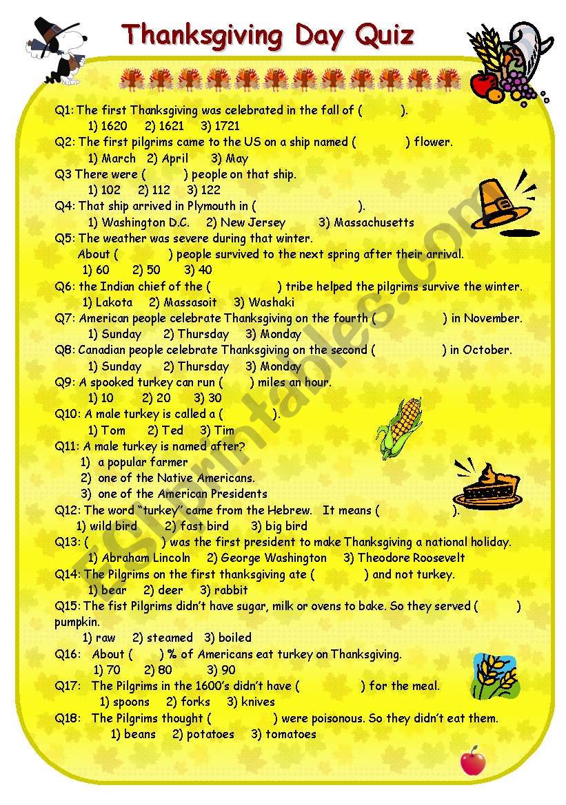 Thanksgivng Quiz and key worksheet