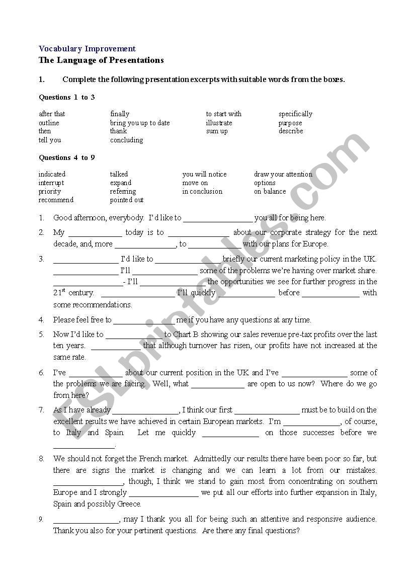 Vocabulary Improvement worksheet