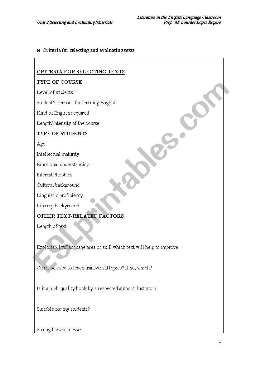 Criteria for evaluating and selecting texts