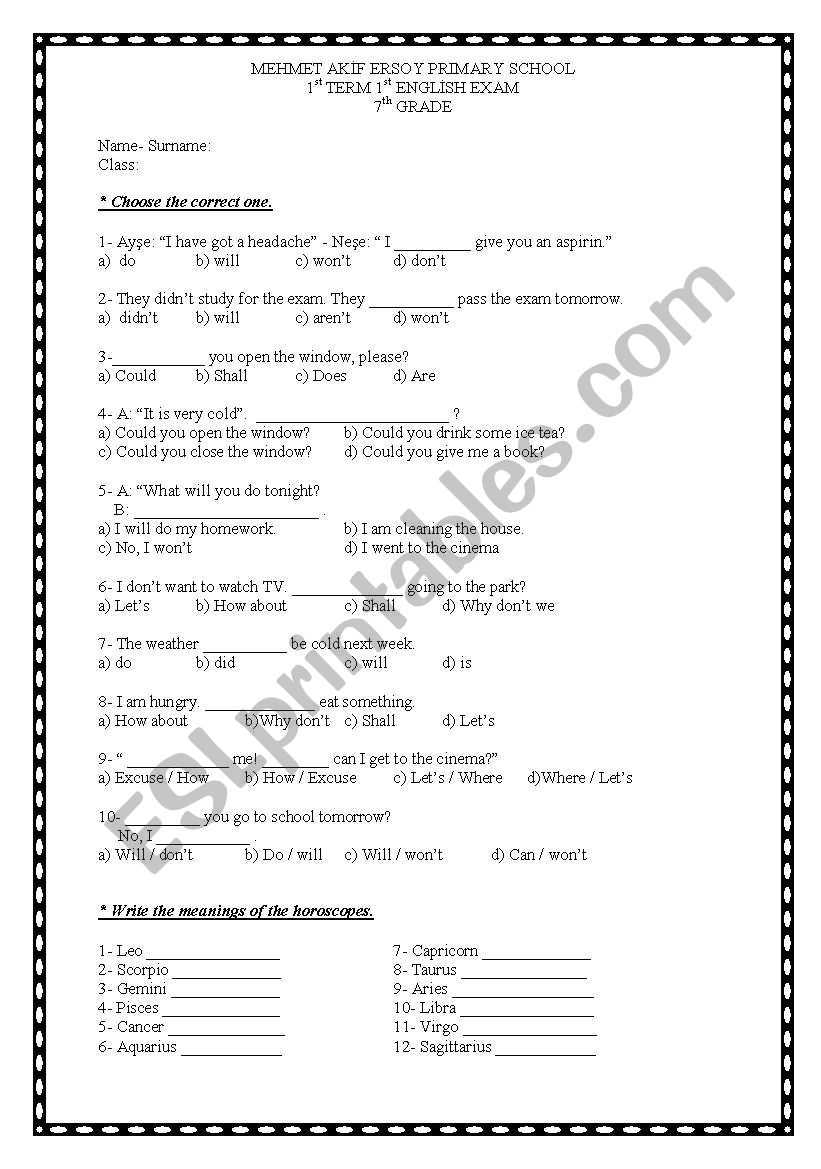 7th grade 1st term 1st exam worksheet