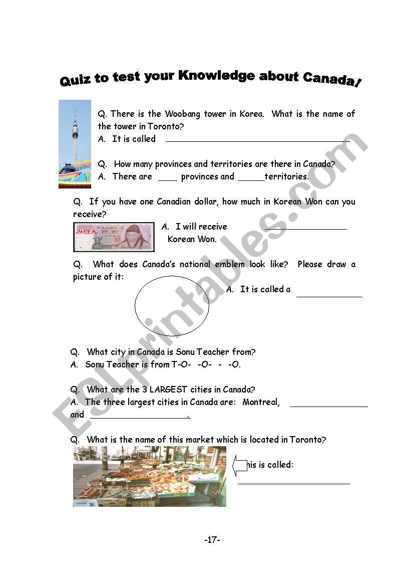 Quiz on Canada worksheet