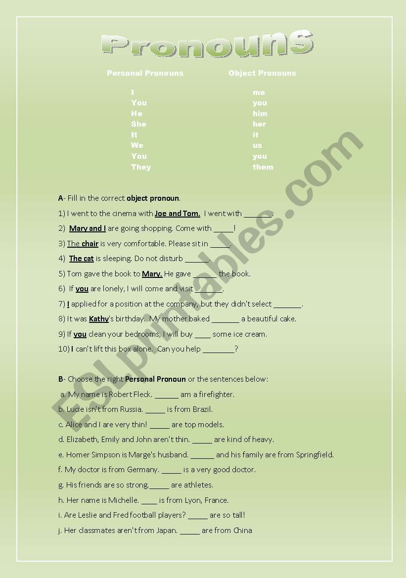 Personal/Object Pronoun worksheet