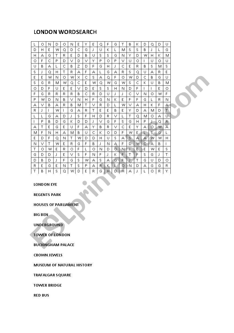 London Sights Wordsearch worksheet