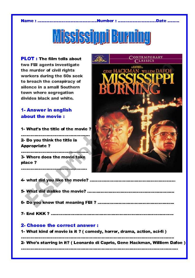 Movie : Mississippi Burning worksheet