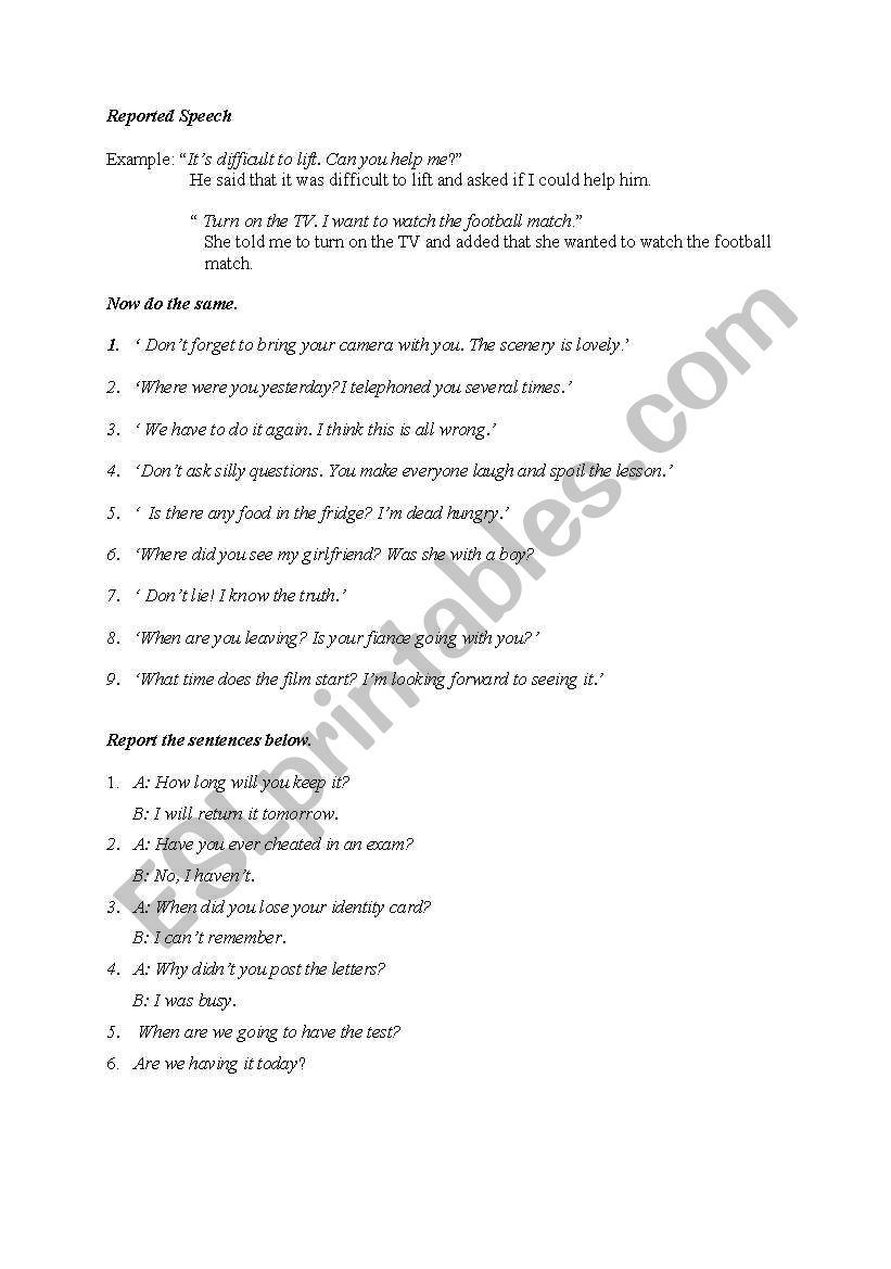 reported speech worksheet