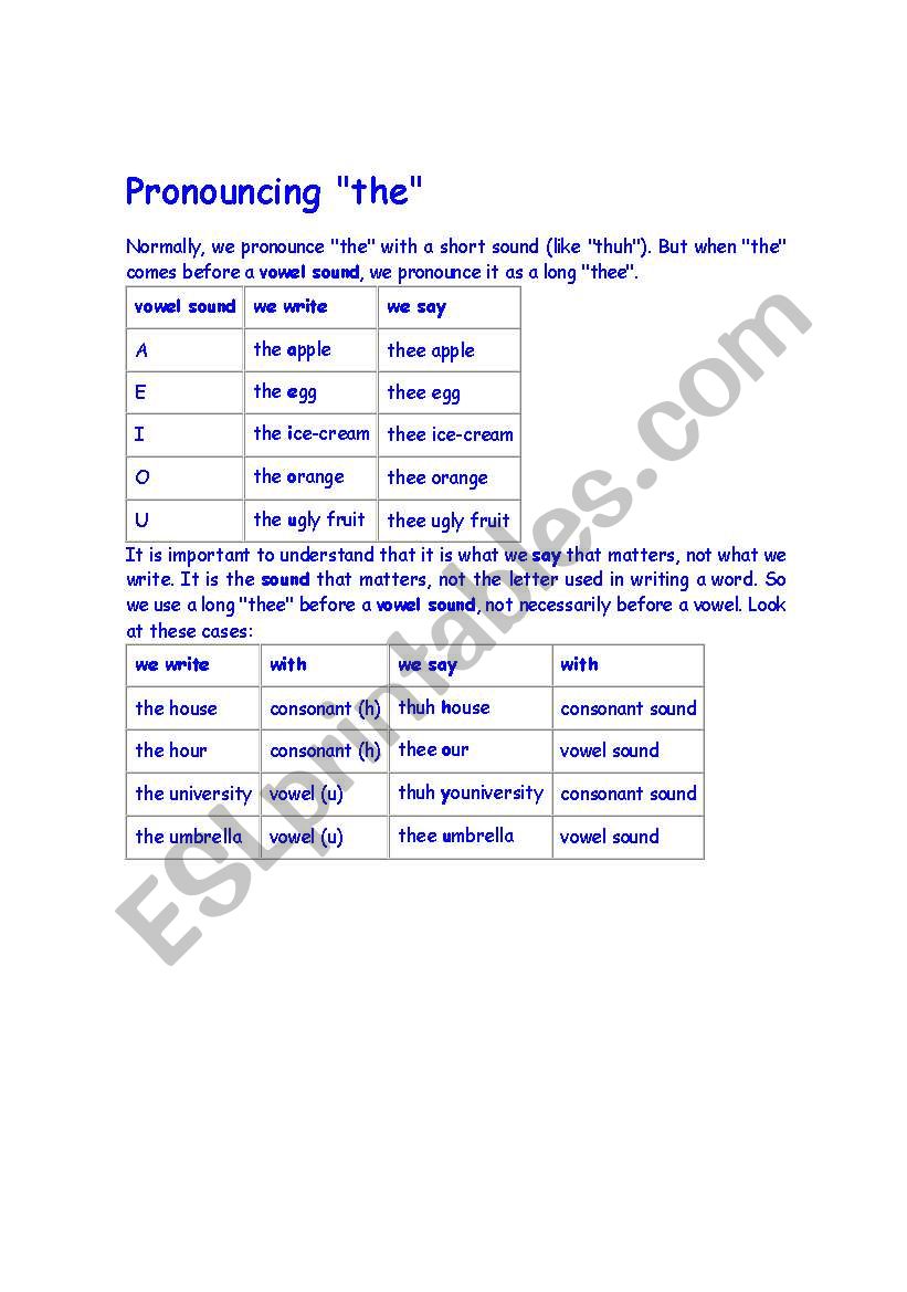 Pronouncing THE worksheet