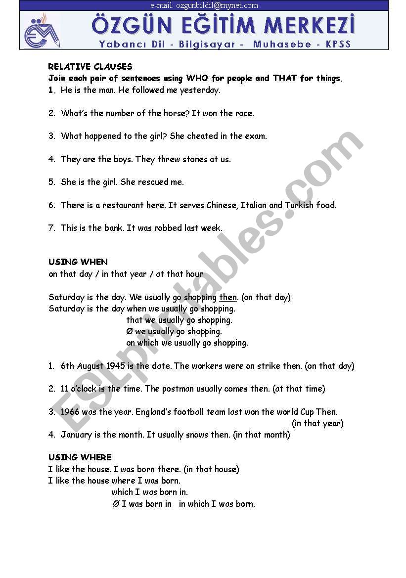 relative clauses worksheet