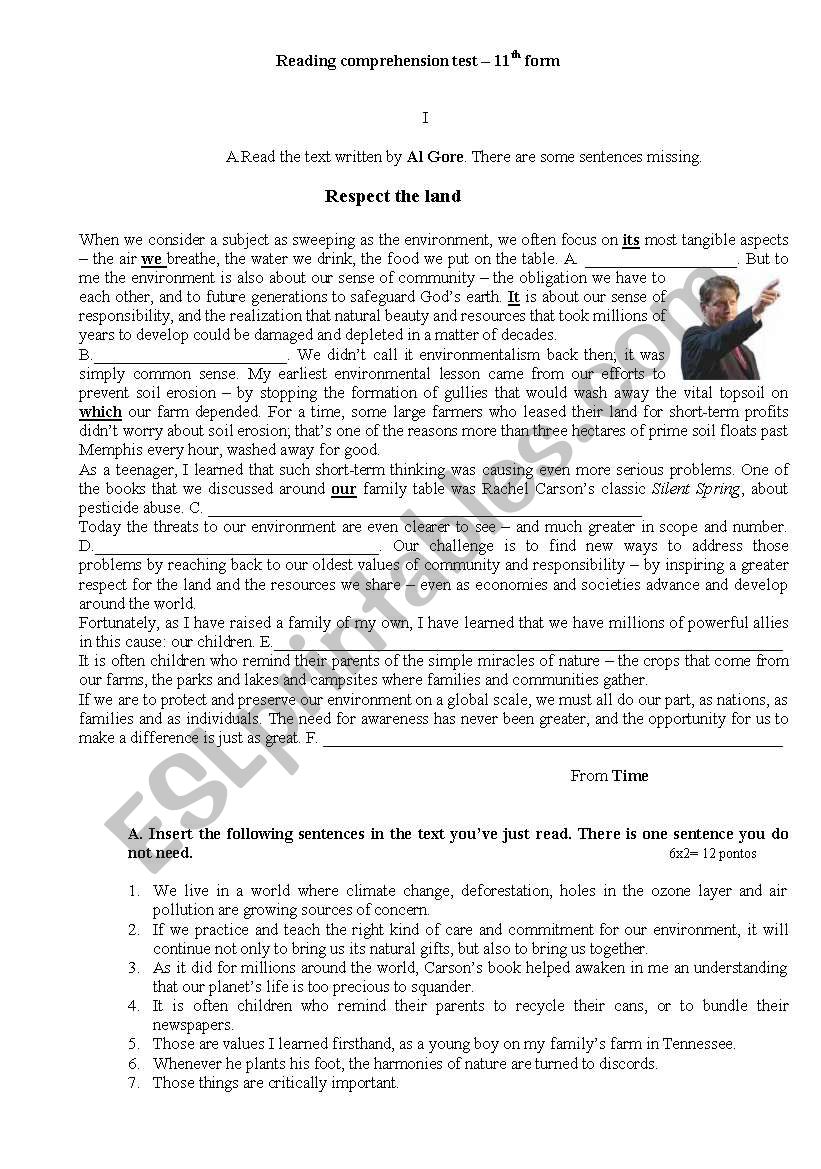 Respect the land- Al Gore worksheet