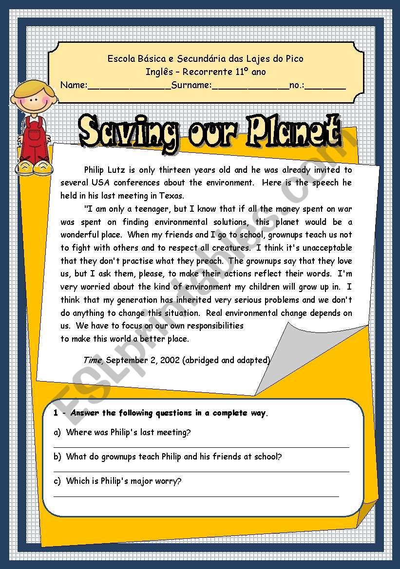 environment - reading worksheet