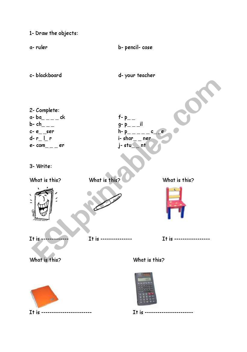 Classroom objects exercise worksheet