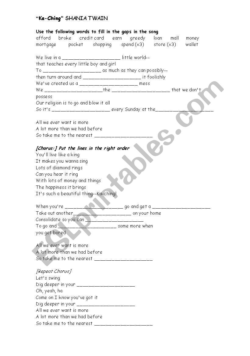 Shania Twain. Ka-chin lyrics worksheet