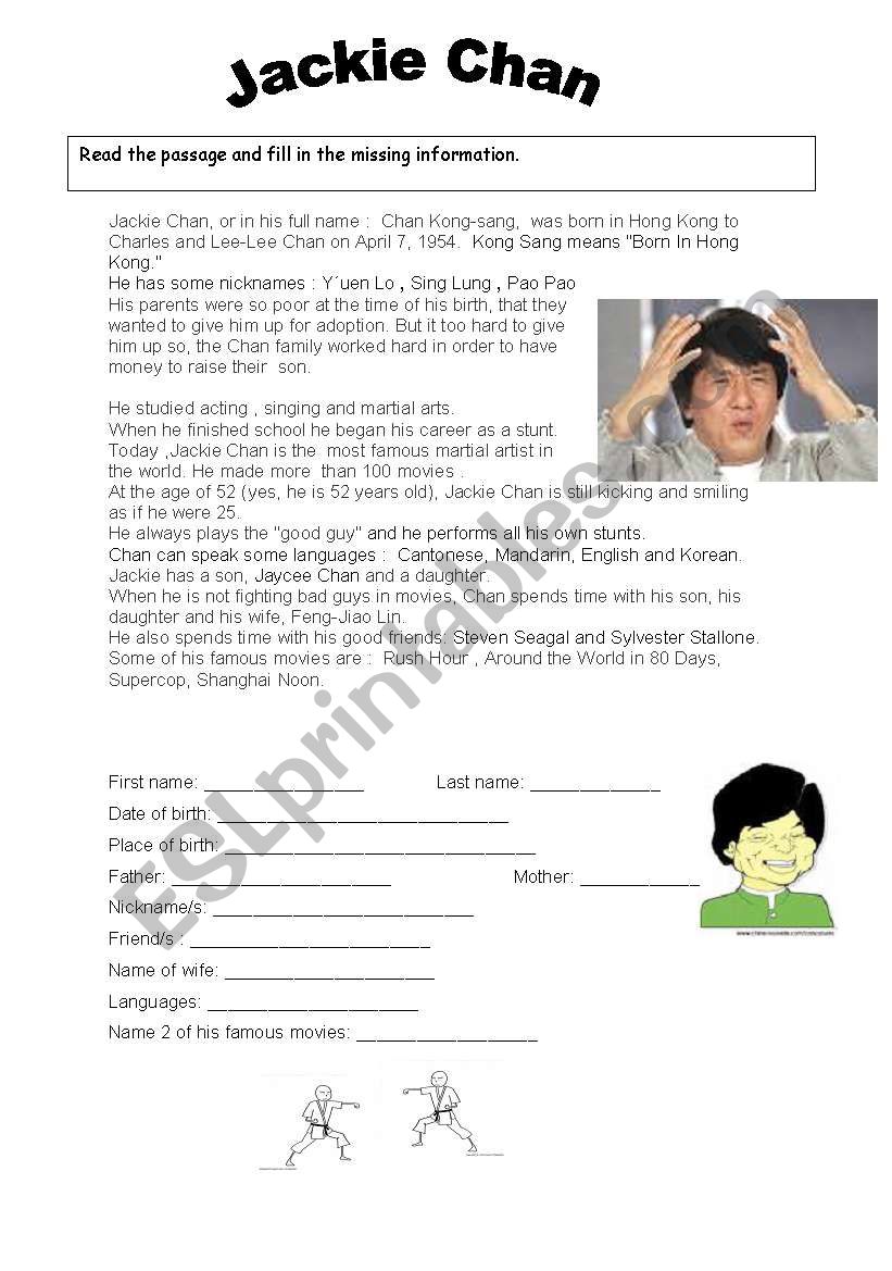 Jackie Chan - biography worksheet