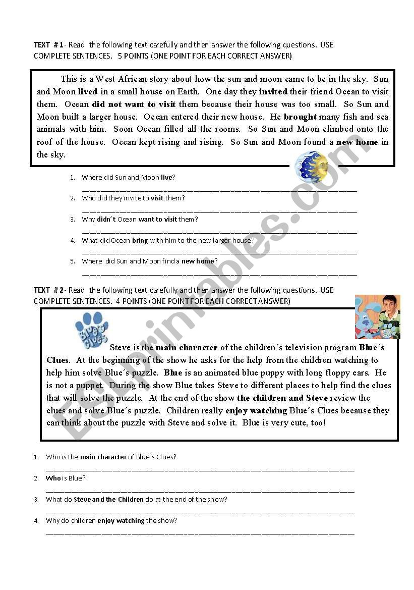 Reading Comprehension worksheet