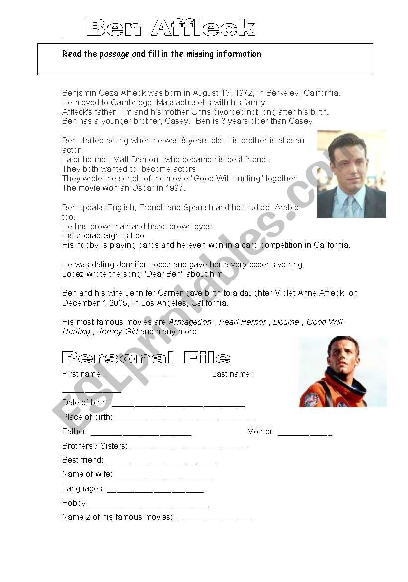 Ben Affleck - biography worksheet