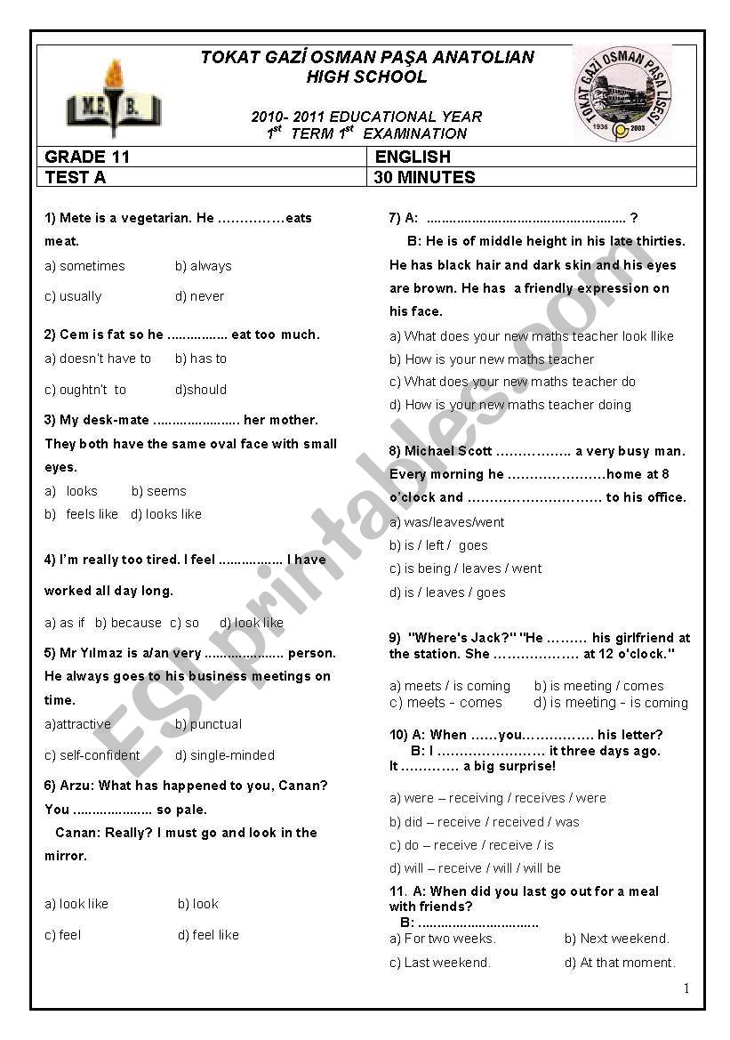  2010-2011 EDUCATIONAL YEAR 1st English Examination for Anatolian High Schools, Grade 11