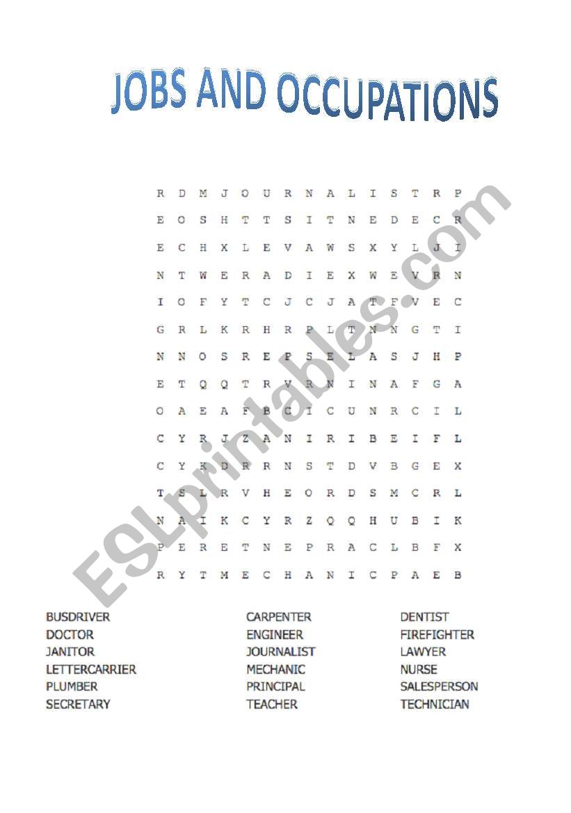 Jobs and Occupations Word Search Wordsearch Puzzle
