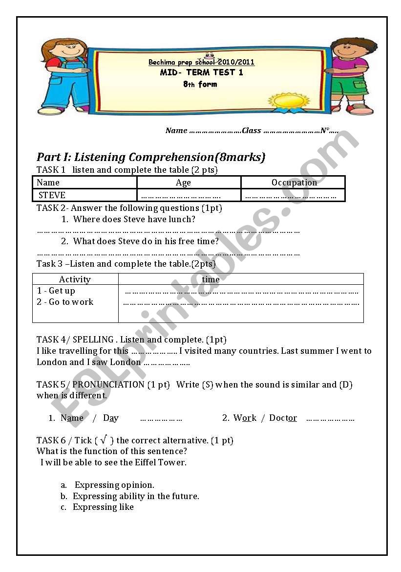 mid term test 1 for the 8th formers