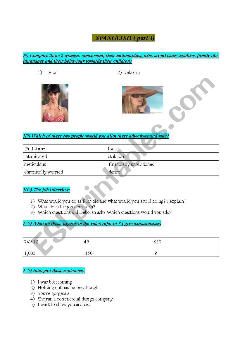 Spanglish film with exercises worksheet