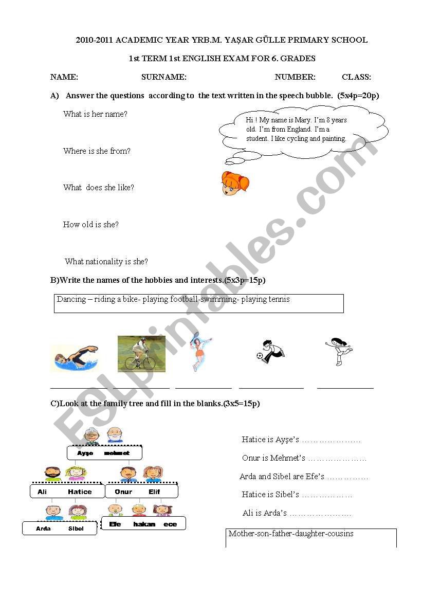  an exam for the 6th grades worksheet