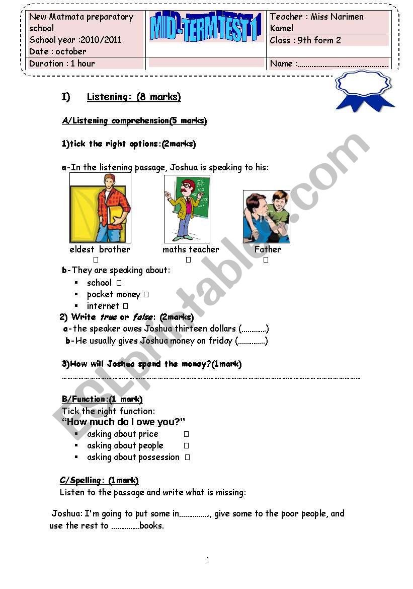 mid-term test n1 (9th grade) worksheet