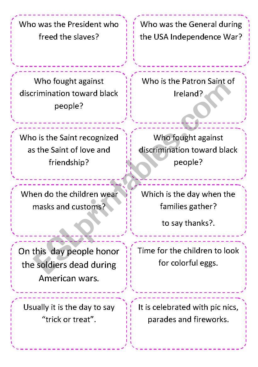Holidays in Usa 48 QUESTIONS worksheet