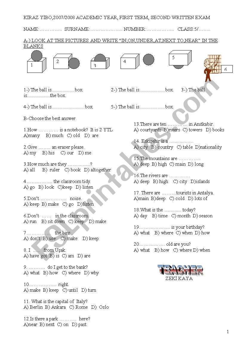 exam for primary worksheet