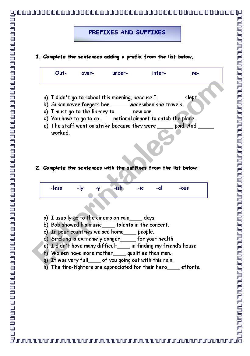 PREFIXES AND SUFFIXES  worksheet