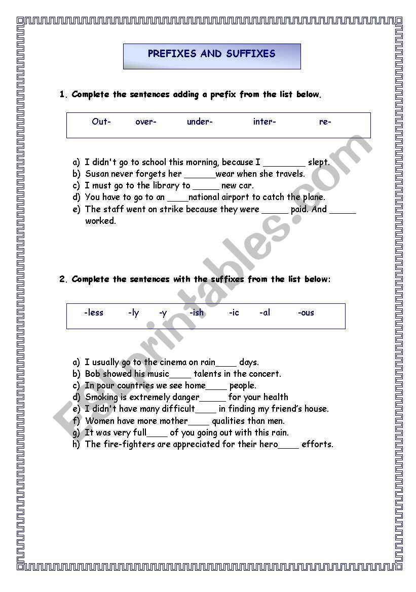 PREFIXES AND SUFFIXES  worksheet