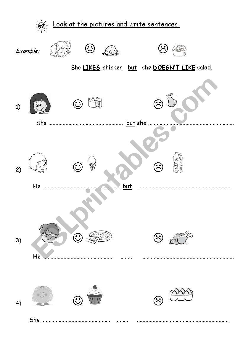 Food - Likes and dislikes, complete the sentences