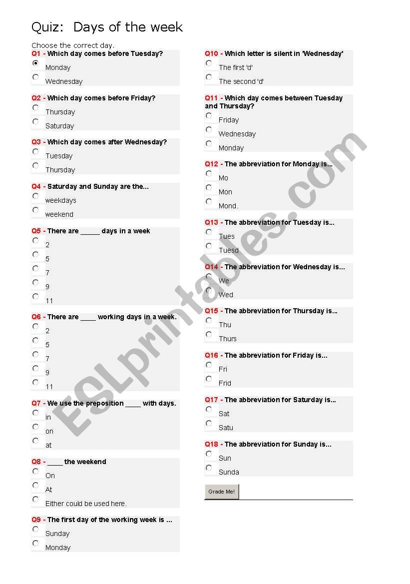 quizz calendar worksheet