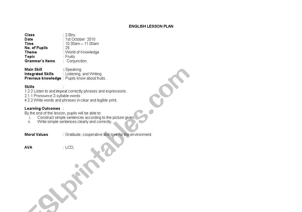 I like fruits lesson plan worksheet