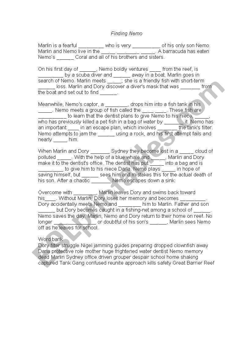 Finding Nemo cloze passage worksheet