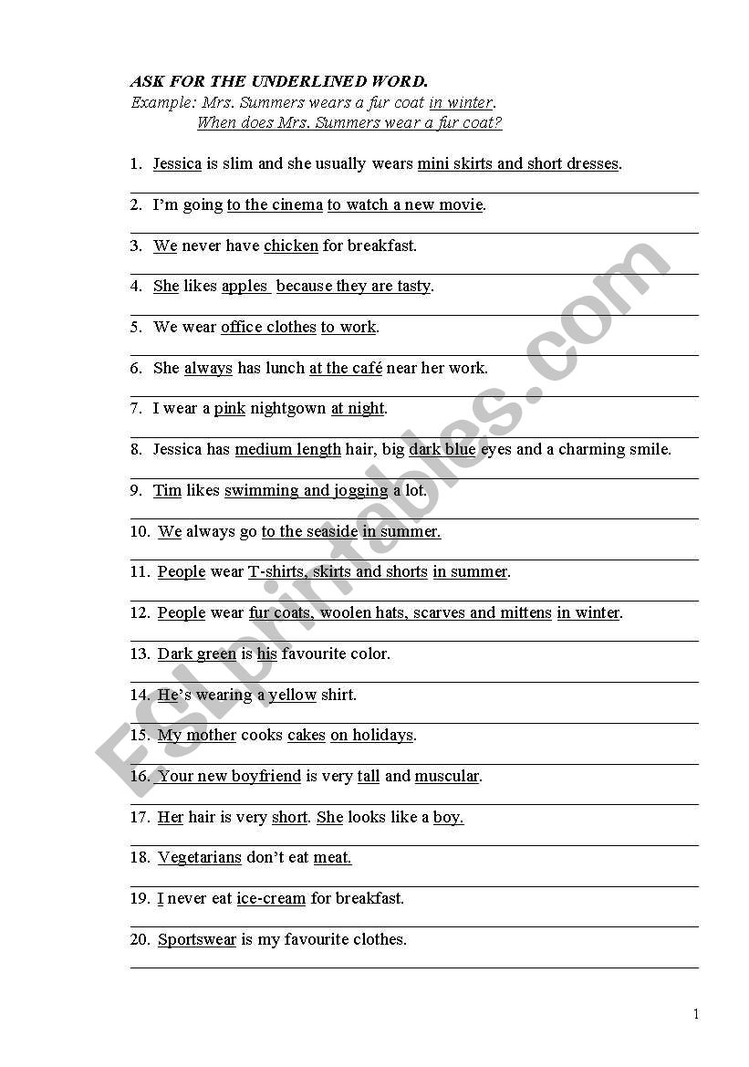 ASK FOR THE UNDERLINED WORD - Clothes & Food, Present Simple