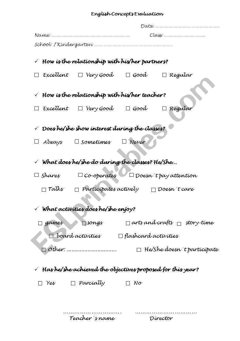 Kindergarten Report Sheet worksheet