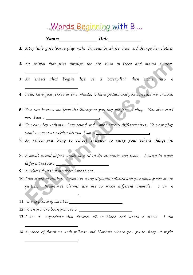 Words Beginning with B worksheet