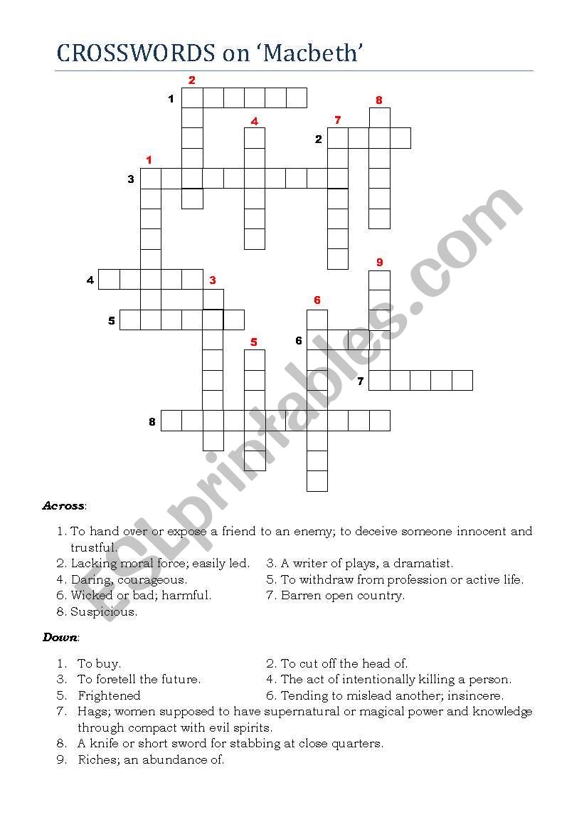 Crosswords on Macbeth worksheet