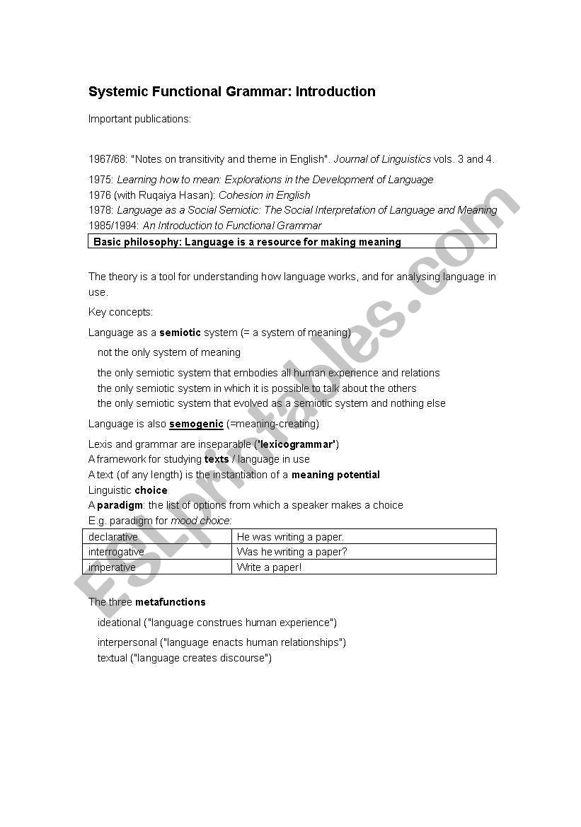 Systemic functional Grammar worksheet