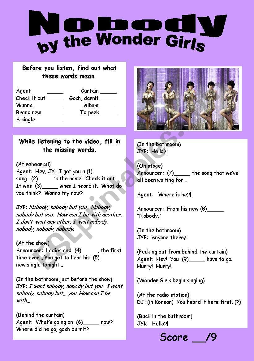 Nobody by the Wonder Girls worksheet