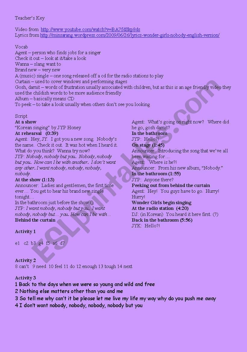 Nobody By The Wonder Girls Esl Worksheet By Tw Karen