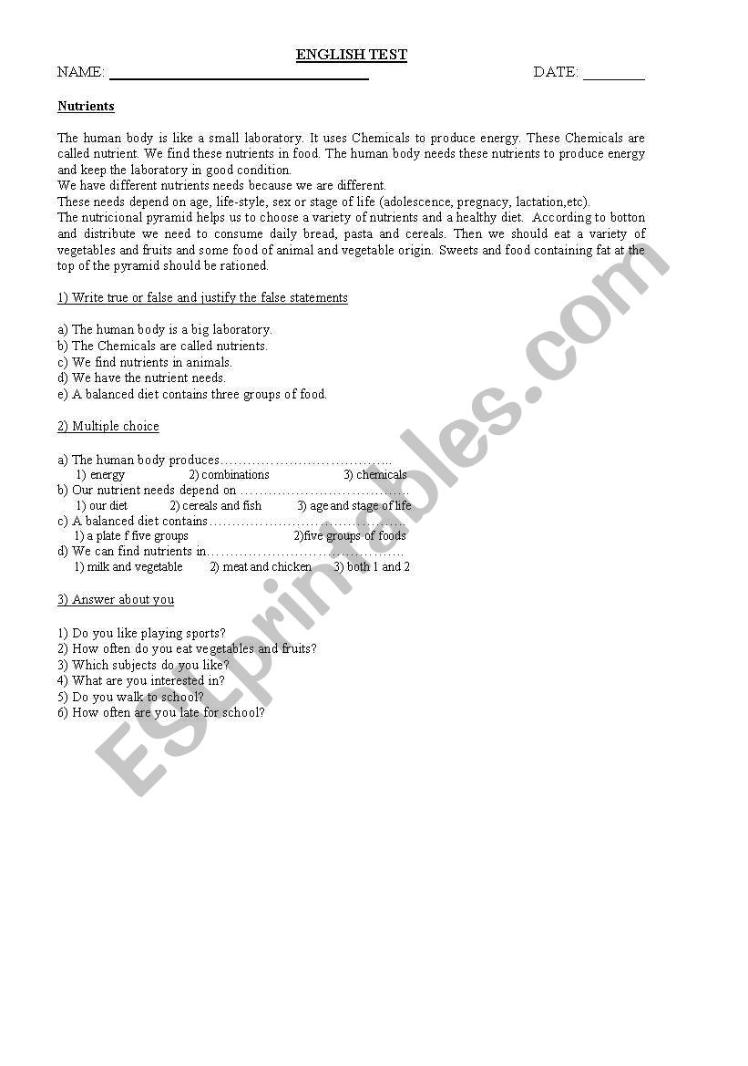 Nutrients worksheet