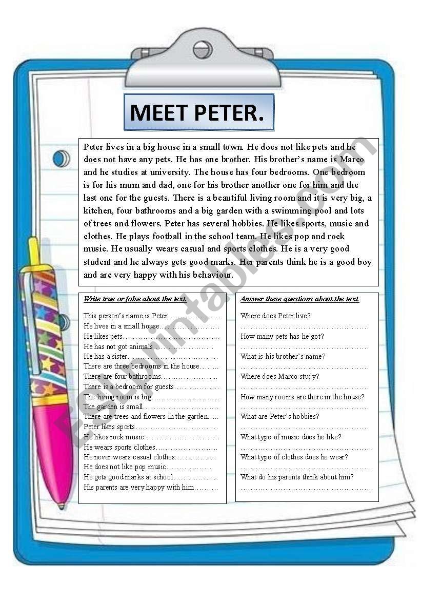 MEET PETER. READING COMPREHENSION.