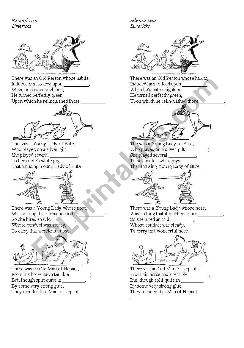 Edward Lear limerick gap fill worksheet