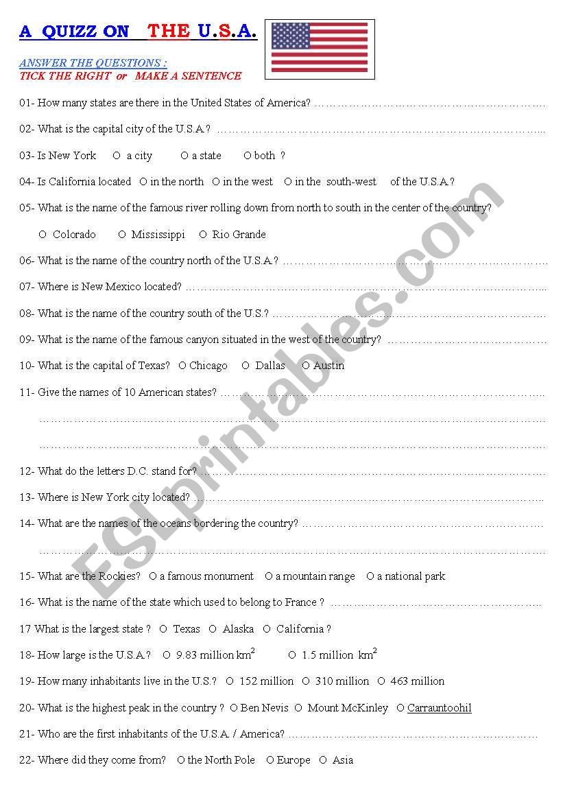 A QUIZZ ON THE U.S.A. worksheet