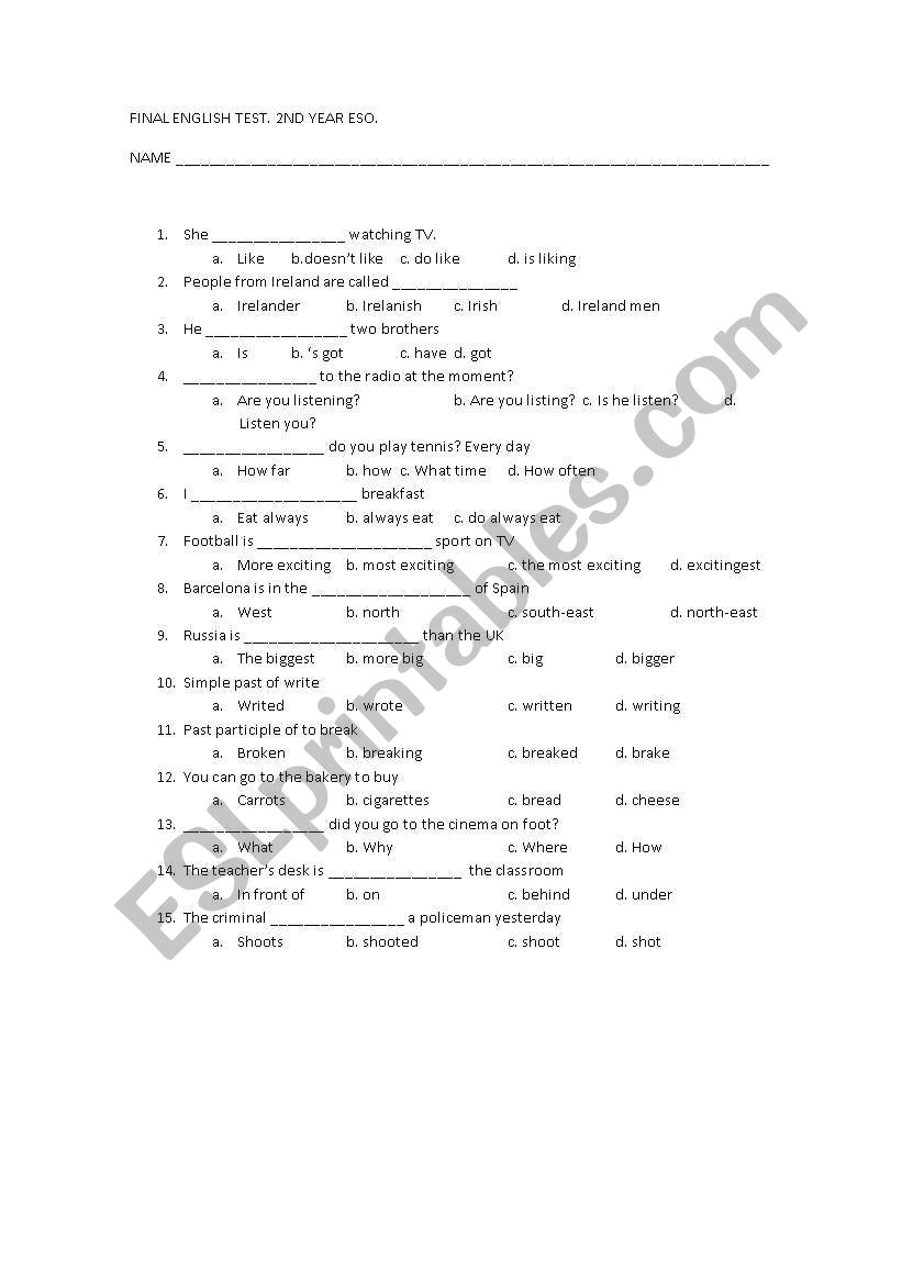 FINAL ENGLISH TEST worksheet